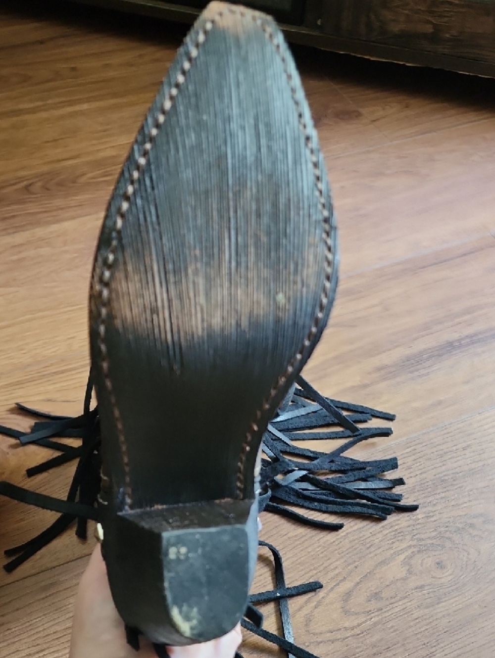 Fringe Studded Western Ankle Boots - Black/Brown with Silver Accents - Picture 8 of 13
